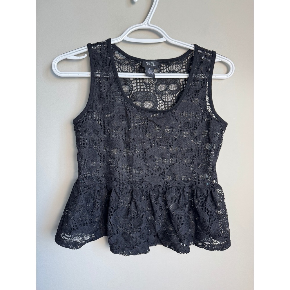 Rue 21 Skull Lace Peplum Tank Top Black Medium Goth‎ Grunge Punk Sheer Festival
